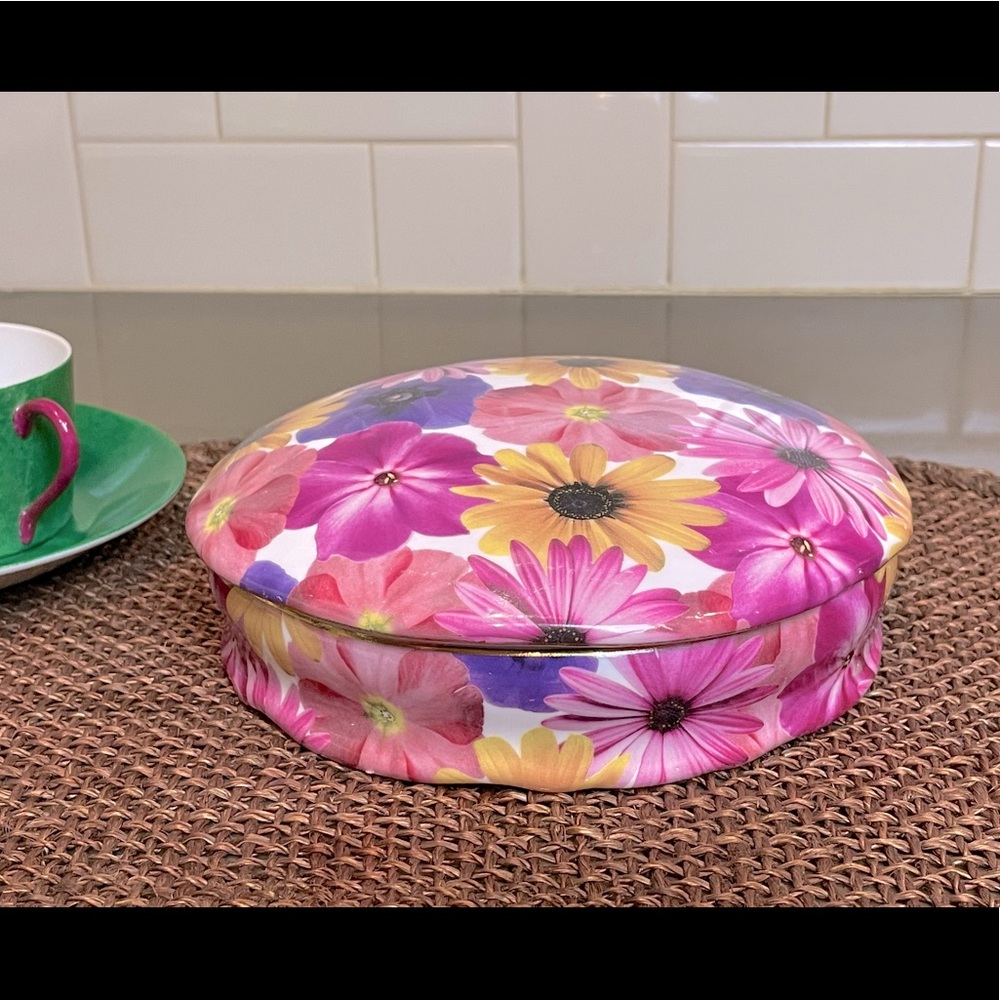 Vtg Formalities by Baum Bros pink violet flower candy jewelry trinket dish round
